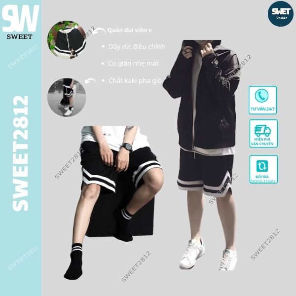 Quần đùi nam SWEET2812 Quần Short Bóng Chày Viền Chữ V cạp trắng dây rút điều chỉnh chất mát màu đen sọc trắng