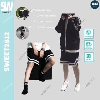 Quần đùi nam SWEET2812 Quần Short Bóng Chày Viền Chữ V cạp trắng dây rút điều chỉnh chất mát màu đen sọc trắng