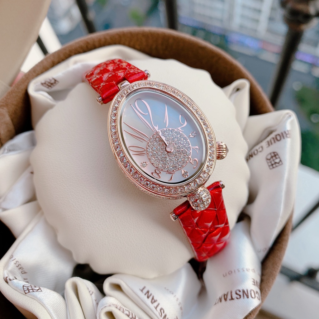 Đồng hồ nữ Davena D31933 dây da đỏ - vỏ Rose Gold - vàng hồng - đính đá Swarovski