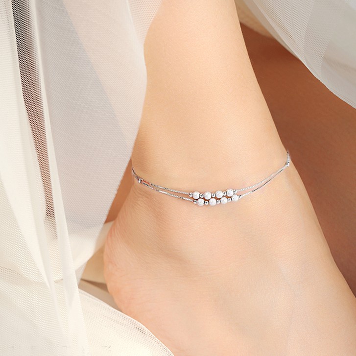 Lắc chân hạt cườm bi nhỏ xinh xi mạ bạc 925 phụ kiện trang sức rẻ đẹp hợp thời trang - popanda