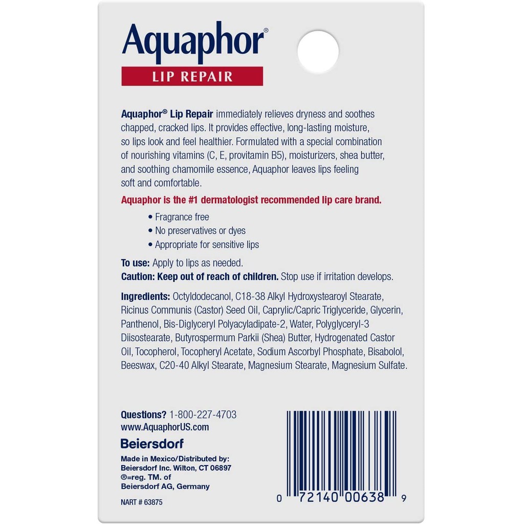 Hàng US - Dưỡng môi khô nẻ Aquaphor Lip Repair 10ml