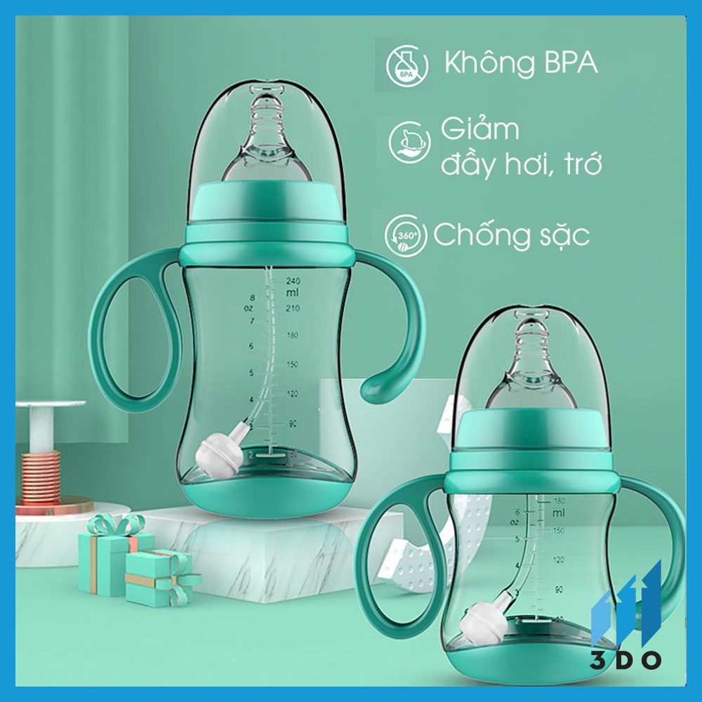 Bình sữa cho em bé chống sặc đầy bụng HUPA cổ rộng ty loại tốt có ống hút tay cầm bú mọi tư thế nhựa núm mềm trẻ sơ sinh