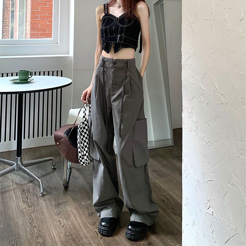 Quần Yếm Lưng Cao Ống Rộng Màu Xám Phong Cách Retro Mỹ Thời Trang Mùa Hè Cho Nữ