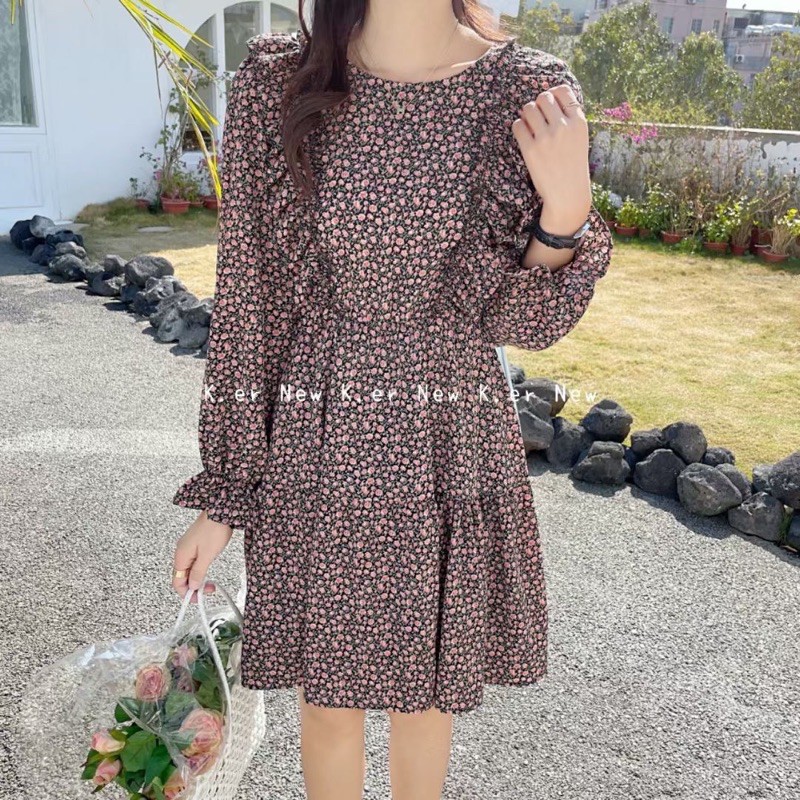 Váy hoa nhí dáng ngắn tông màu vintage cổ trụ bèo ngực VKE9297 Ulzzang style 🌸 Hàng Quảng Châu