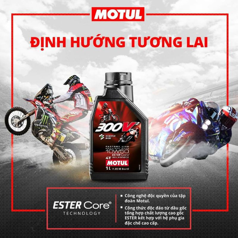 Nhớt Motul 300V 300V2 10W40 và 10W50 Pháp 1L chính hãng (tem 1 lớp, một, Ester core tổng hợp toàn phần 100%)