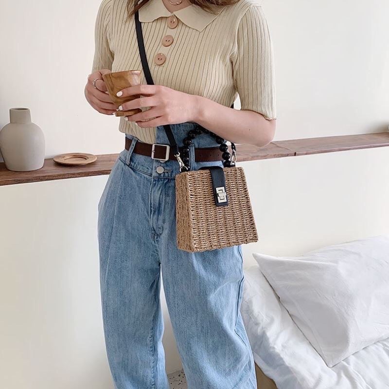 Túi Cói Hộp Quai Ngọc