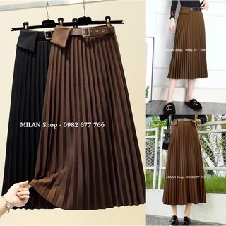 Chân váy xếp ly dạ có lót kèm đai sịn sò