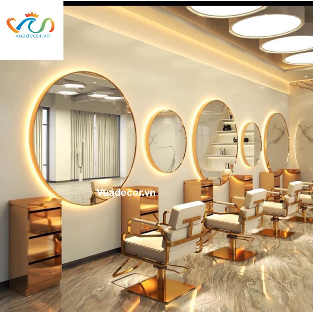 Gương tròn toàn thân nhà tắm bàn trang điểm khung nhôm mạ có led cảm ứng cao cấp VUADECOR