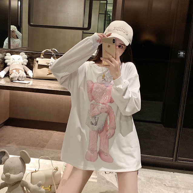 Áo thun ZHELIHANGFEI tay dài dáng rộng vải nhung in họa tiết dễ phối đồ