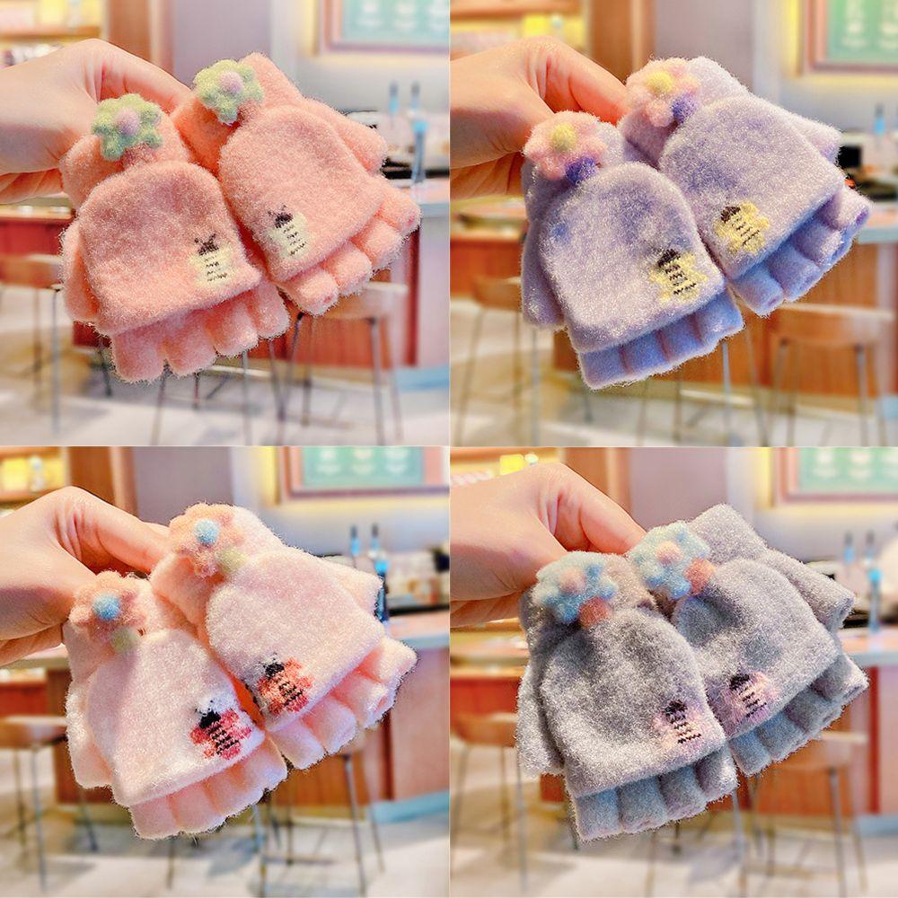 SUSANS Găng Tay Thể Thao Hở Ngón Vải Nhung San Hô Dày Ấm Áp Xinh Xắn Cho Bé Trai Gái