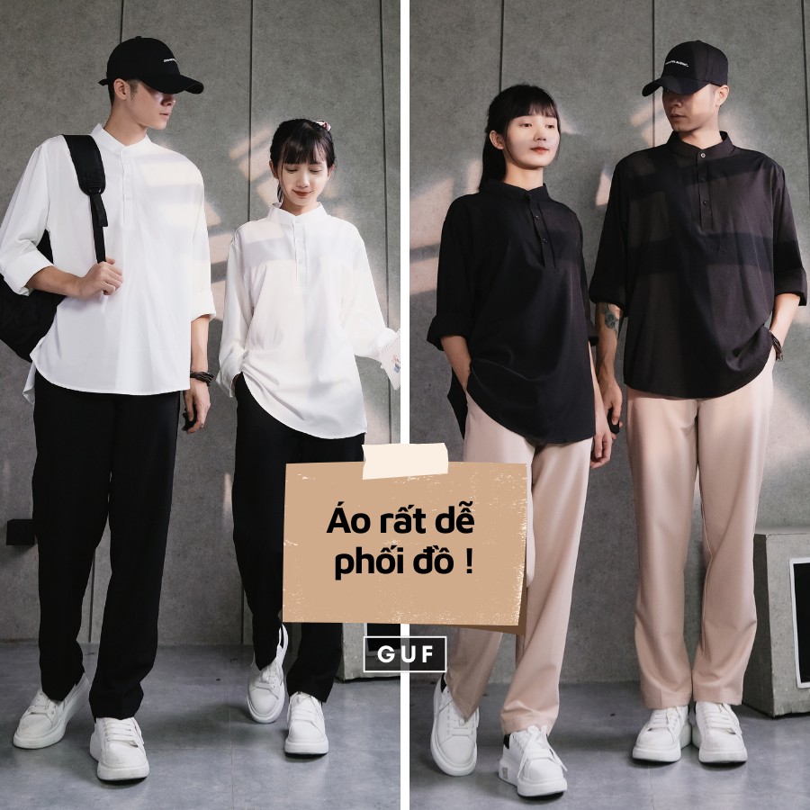 Áo Sơ Mi Nam Nữ Cổ Tàu Unisex Vải Kate Mềm Mại, Form Unisex Rộng Rãi Dễ Phối Đồ, Đủ 2 Màu Basic Trắng Đen GUF