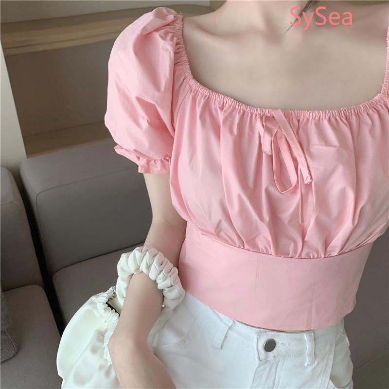 Áo Croptop Ngắn Tay Thời Trang Hè Cho Nữ và dây chuyền ngọc trai
