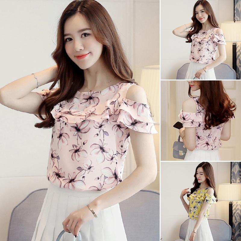 Áo kiểu chiffon in hoa khoét vai phối bèo nữ tính