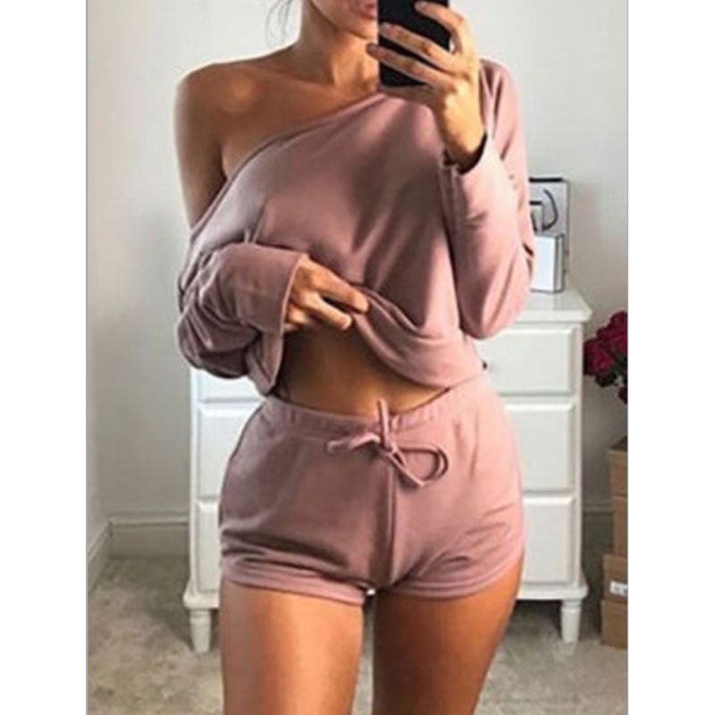 Set Đồ 2 Món Áo Croptop Trễ Vai Tay Dài Phối Dây Rút Thời Trang Mùa Hè Quyến Rũ Cho Nữ