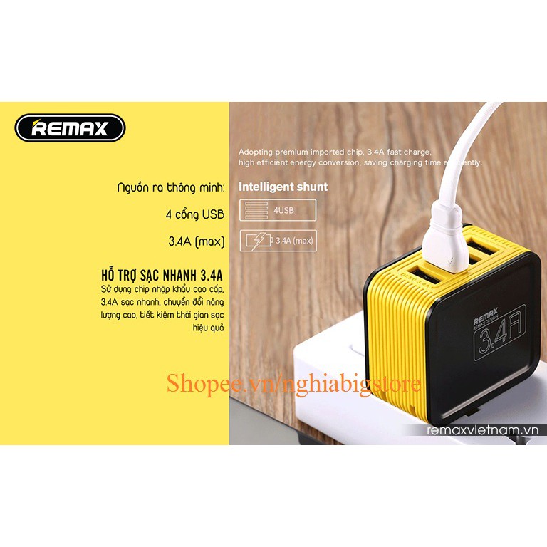 Cục Sạc Điện Thoại Và Máy Tính Bảng 4 Cổng USB Remax 3.4A