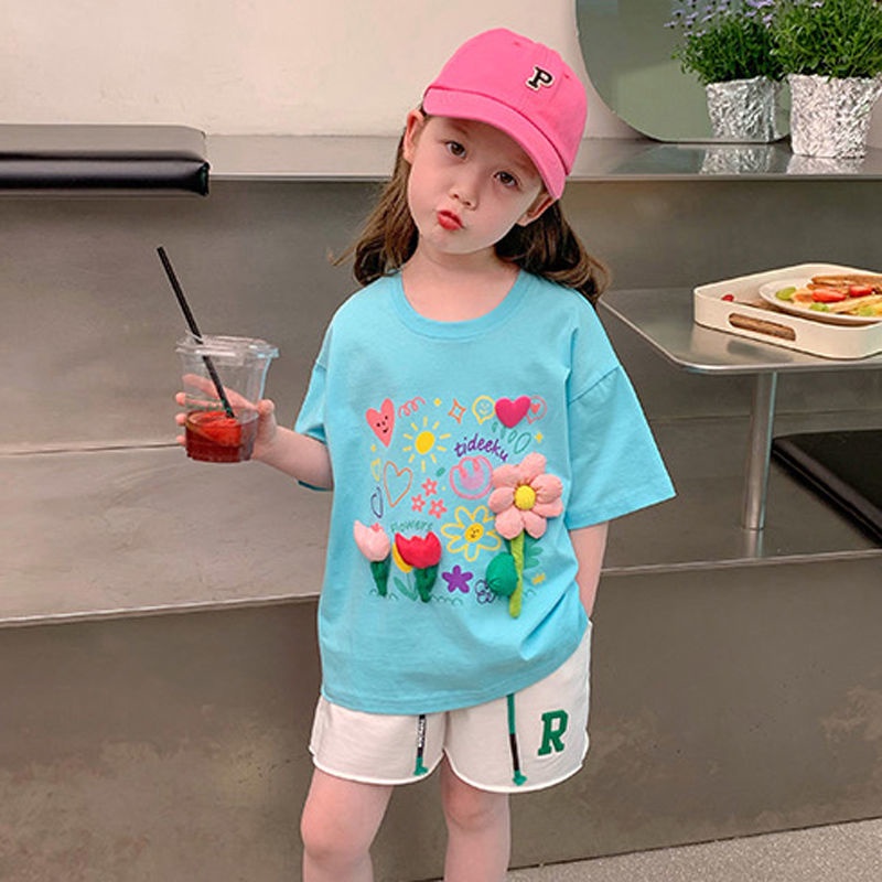 Hàng Mới Về Áo Thun Cotton Ngắn Tay Cổ Tròn In Họa Tiết Hoạt Hình Thời Trang Mùa Hè Cho Bé Gái