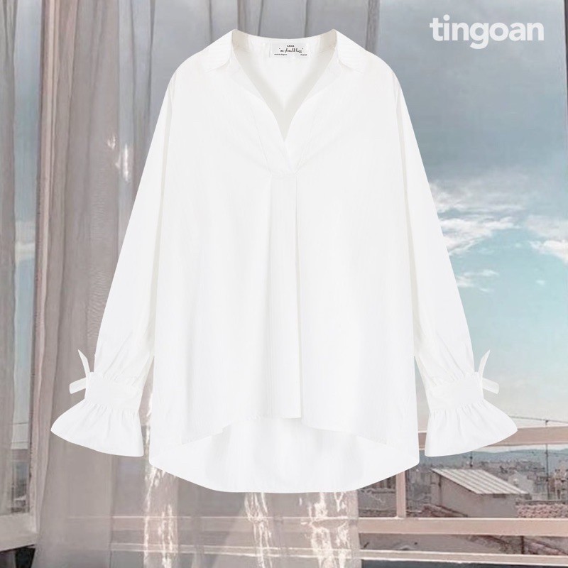 Áo sơmi cổ đổ tay nơ chống nhăn trắng tingoan LONDON BLOUSE BASIC FREESIZE/WH | BigBuy360 - bigbuy360.vn