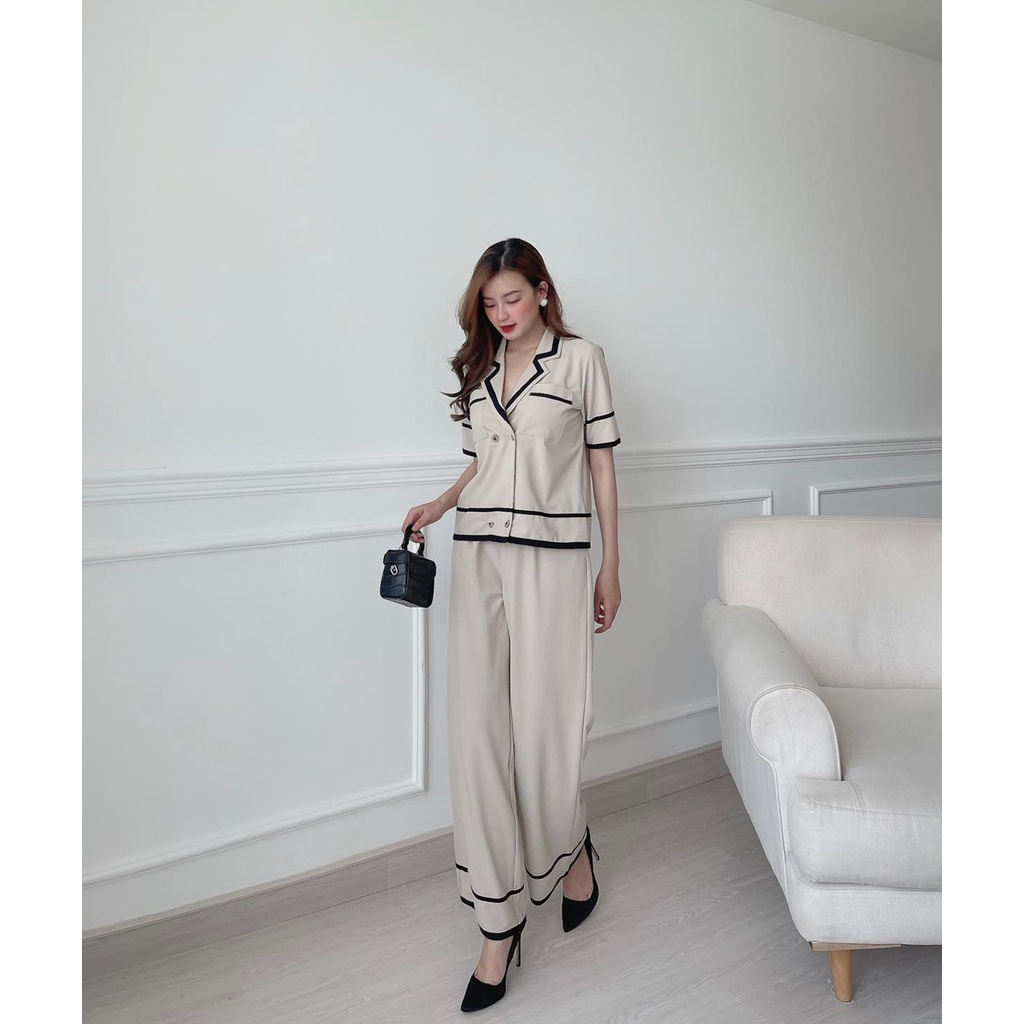 [HÀNG THIẾT KẾ CAO CẤP] Set Vest Tay Ngắn Phối Nút + Quần Suông Tôn Dáng Công Sở Thanh Lịch Màu Nude