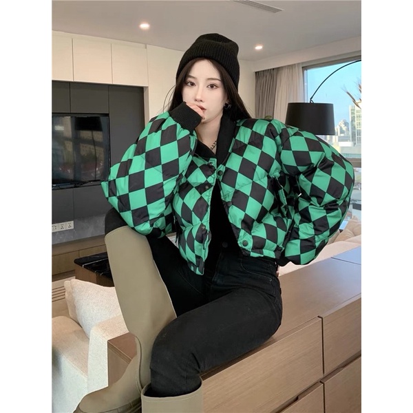 Áo khoác phao caro dáng ngắn croptop