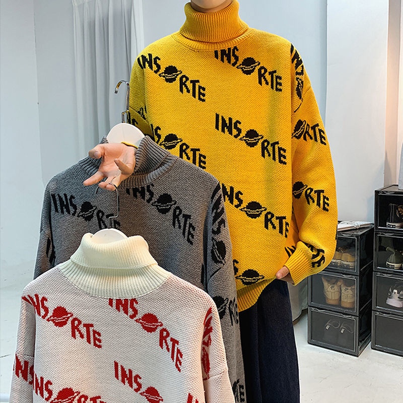 Áo Sweater Cotton Dệt Kim Cổ Lọ Dáng Rộng Phong Cách Hàn Quốc Thời Trang Mùa Đông Cho Nam Giới