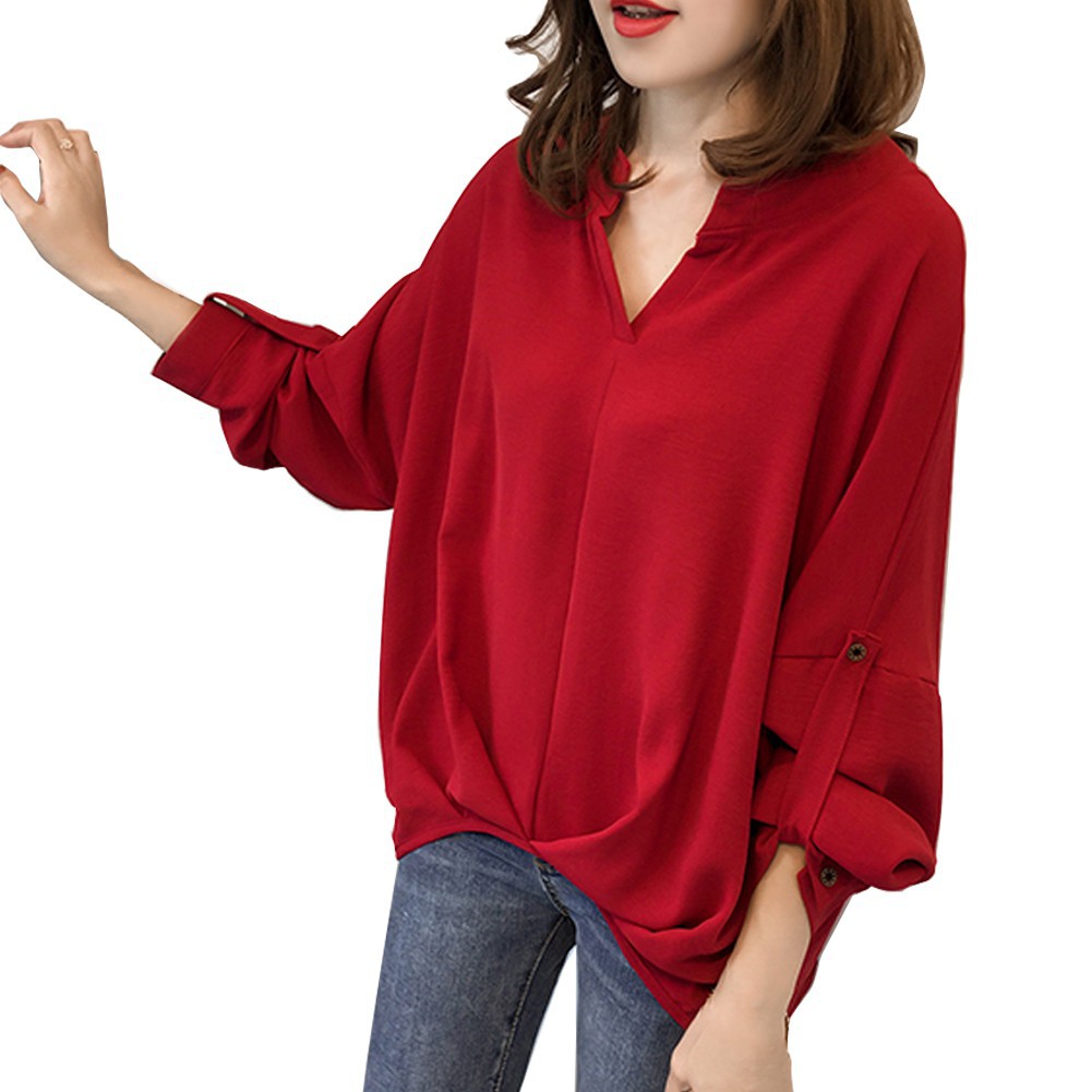 Áo cánh dơi cổ chữ V chất Chiffon màu trơn thiết kế thanh lịch