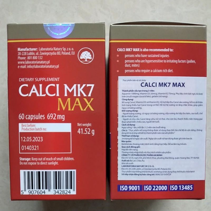 Calci MK7 Max, Canxi tảo đỏ, canxi, vitamin D3 K2 MK7 cho bà bầu, người già, tăng chiều cao cho bé, Ba Lan
