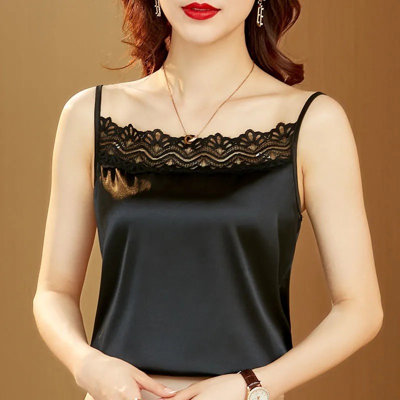 Áo thun sát nách ZHELIHANGFEI vải satin phối ren lưng xinh xắn