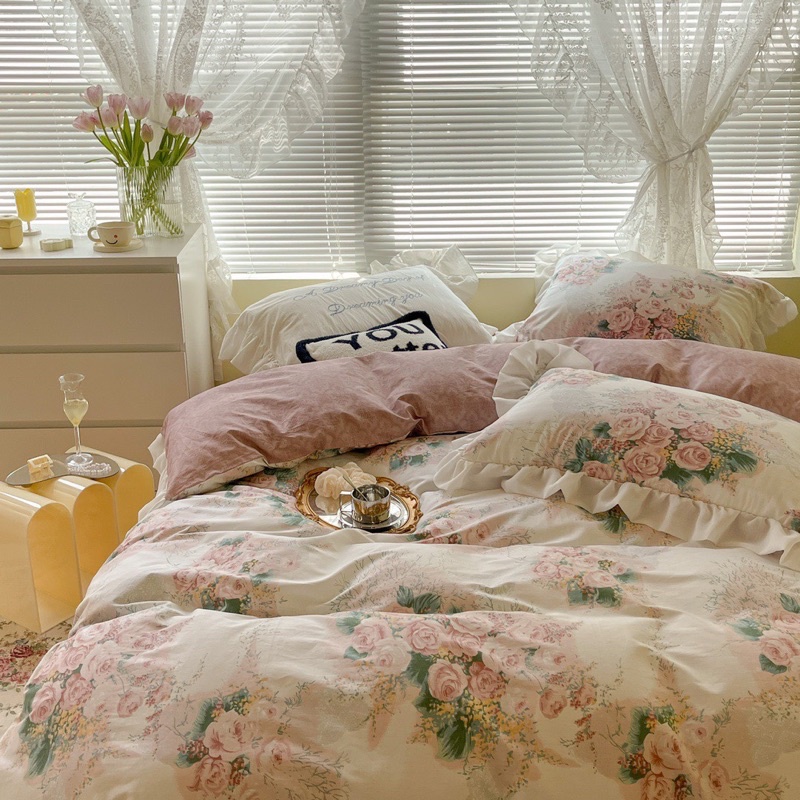 Set 4 món cotton bèo ren hoa hồng pháp