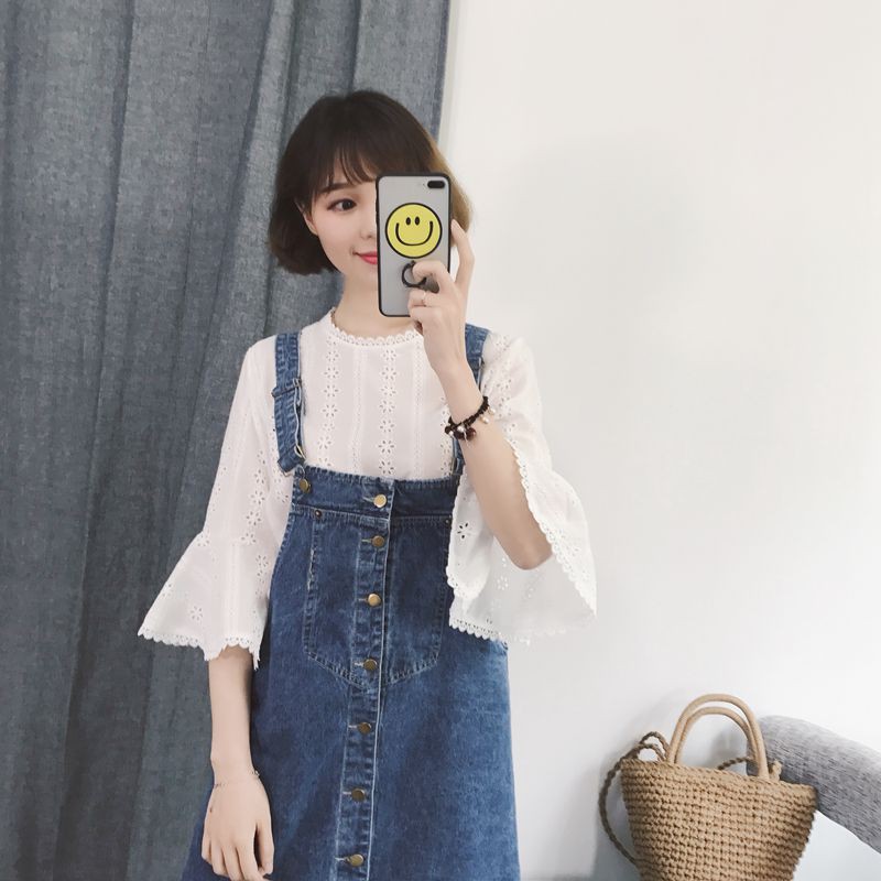 (Size S,M,L,XL) Áo Ren Trắng Họa Tiết Hoa Tay Loe Ulzzang