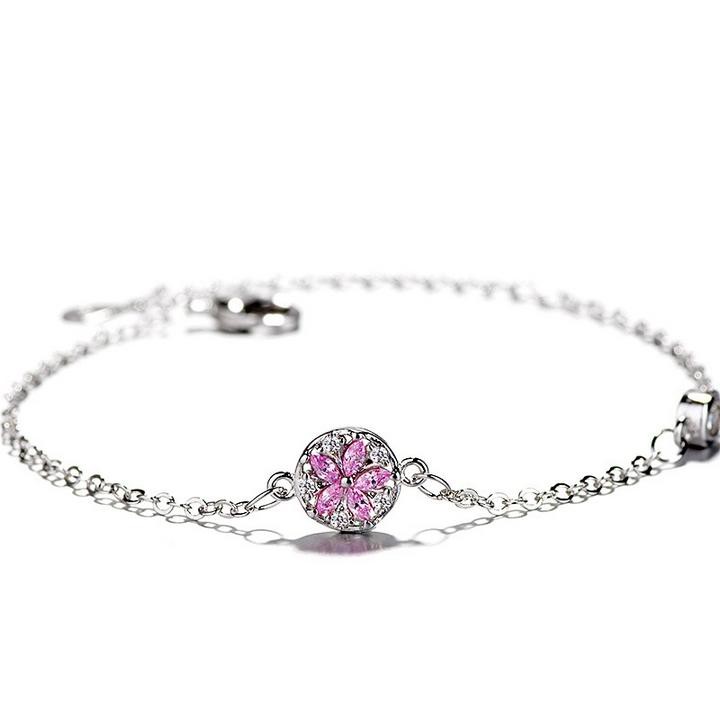 Vòng tay lắc tay bạc hoa đào viền tròn phong cách Hàn Quốc xinh xắn dễ thương