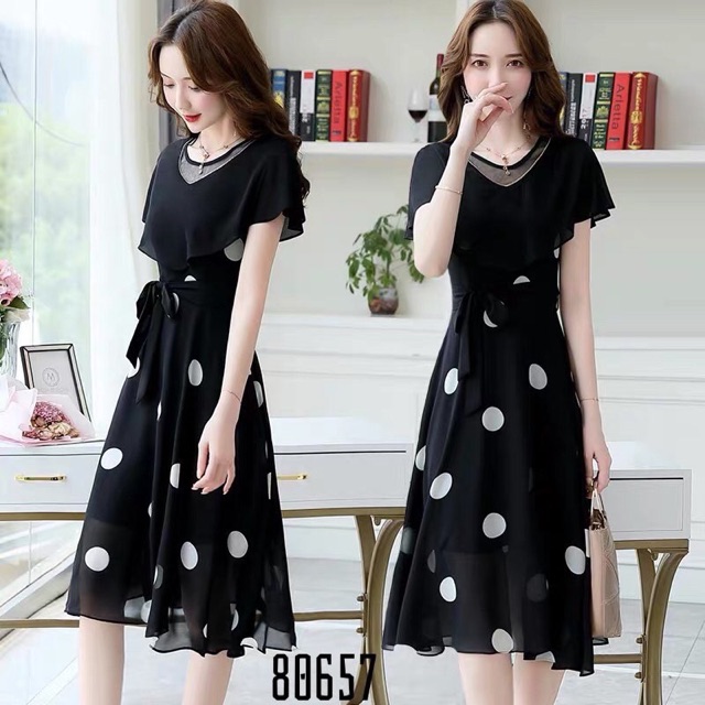 Đầm lụa bi hai lớp kèm áo choàng voan chiffon mặc được hai kiểu