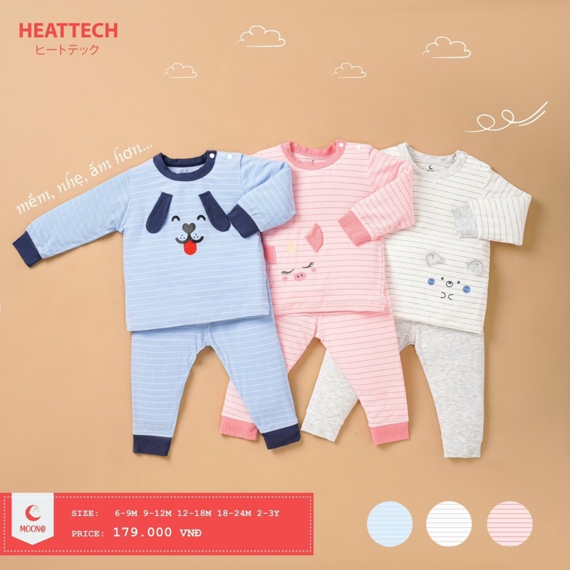 Bộ dài tay phối tại môn vải cotton tăm mỏng heattech giữ nhiệt cho bé (6m-3Y)