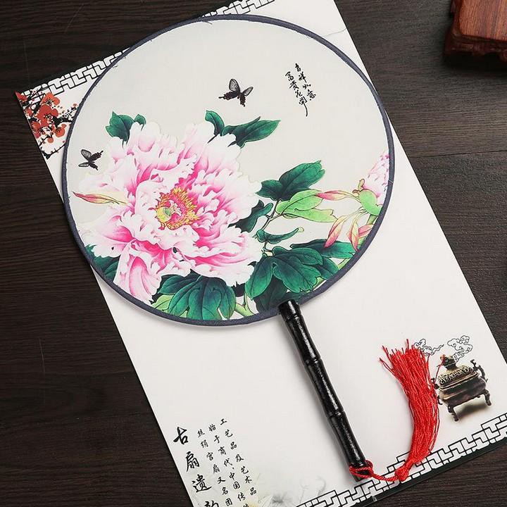 Đào nhi Quạt tròn cổ trang Hoa đào tam sinh tam thế thập lý đào hoa tua rua cầm tay nan trúc cán đen