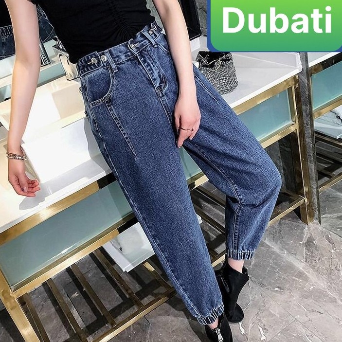 QUẦN BAGGY JEAN NỮ XANH ĐẬM LƯNG THUN ỐNG TÚM NÂNG MÔNG HÀN QUỐC PR-335 CAO CẤP -DUBATI FASHION