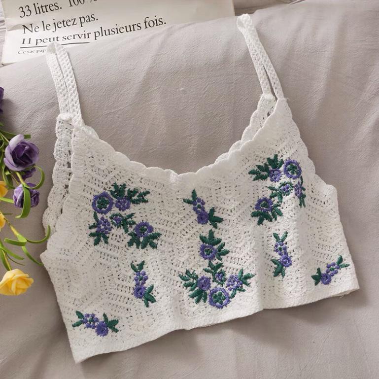 HÀNG ĐỘC QUYỀN QC Áo len đan móc nữ thêu hoa vintage 2 hai dây
