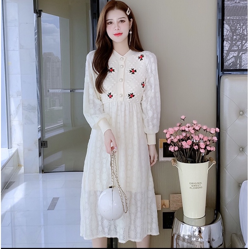 Váy Đầm Len Ren Thêu Hoạ Tiết Dài Qua Gối - Thời Trang Nữ Thu Đông