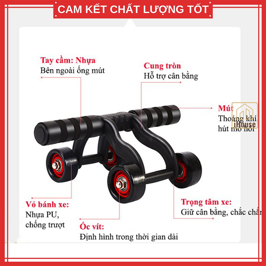 Con lăn tập bụng 4 bánh đa năng, dụng cụ tập cơ bụng 6 múi tại nhà tặng kèm thảm quỳ gối iHouse