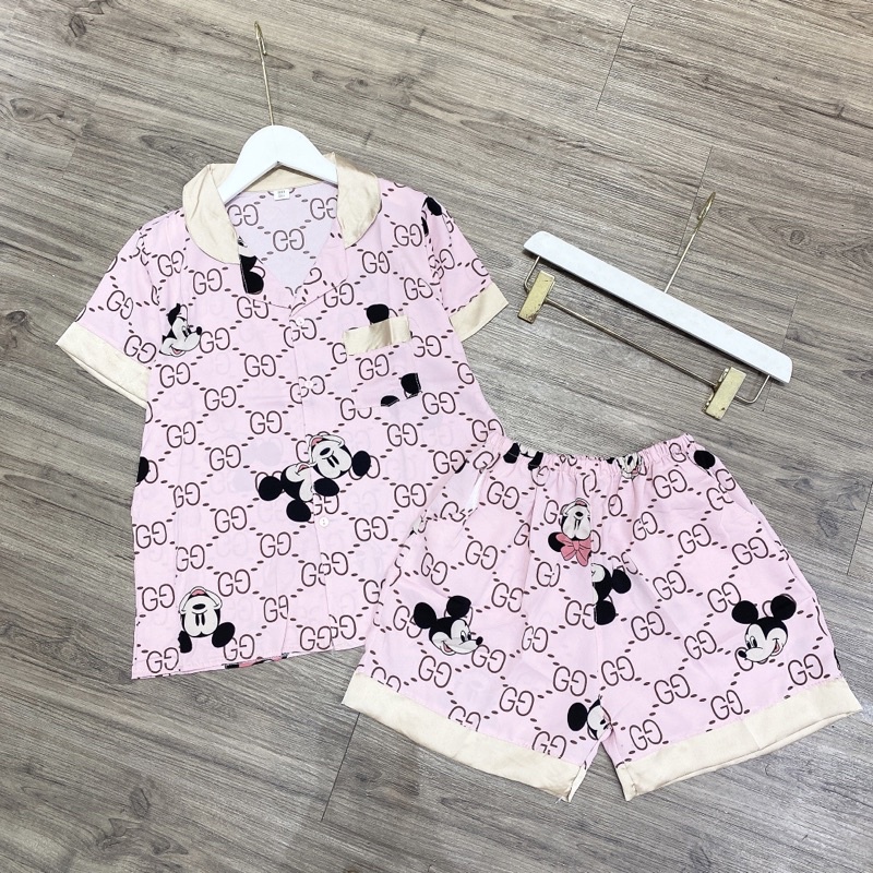 Bộ pijamas lụa thiết kế mặc nhà hoạ tiết nhiều hình Đồ ngủ quần đùi áo cộc nữ