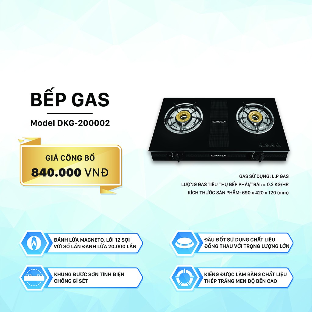 Bếp gas đôi  Daikiosan DKG-200002 - Hệ thống đánh lửa Magneto cao cấp, mặt kính sang trọng, bền bỉ