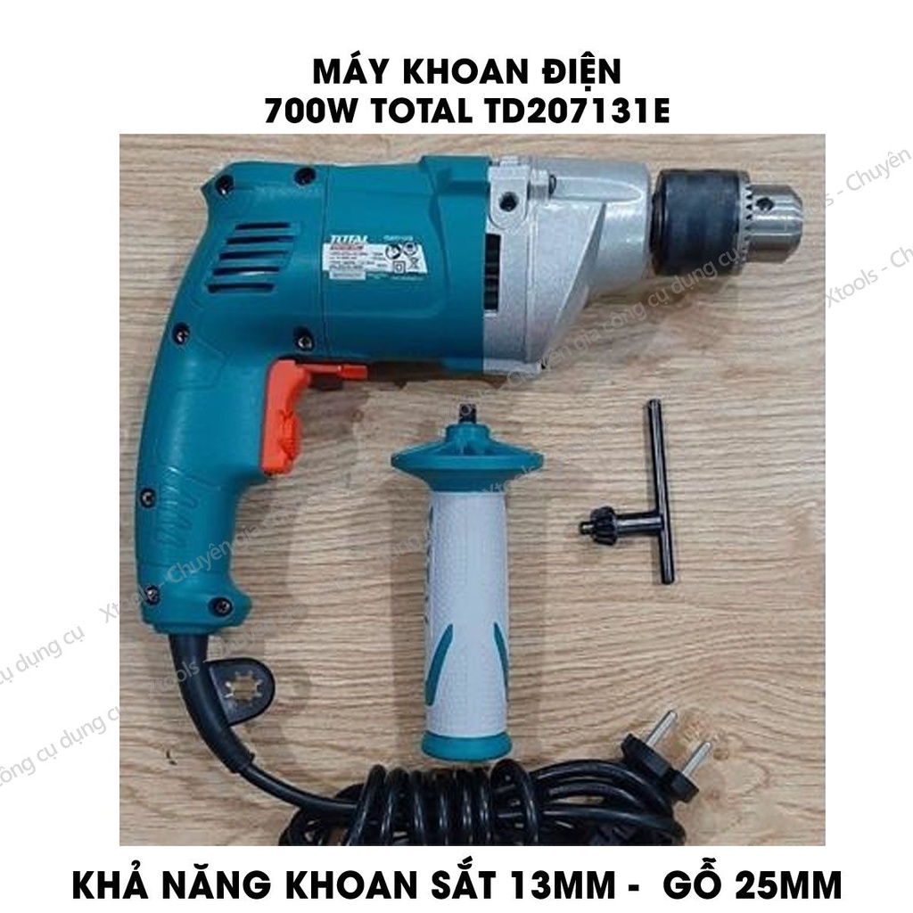 Máy khoan cầm tay TOTAL TD207131E công suất 700w, tốc độ 1200rpm; đầu khoan  1.5-13mm, khả năng khoan sắt 13mm - khoan g