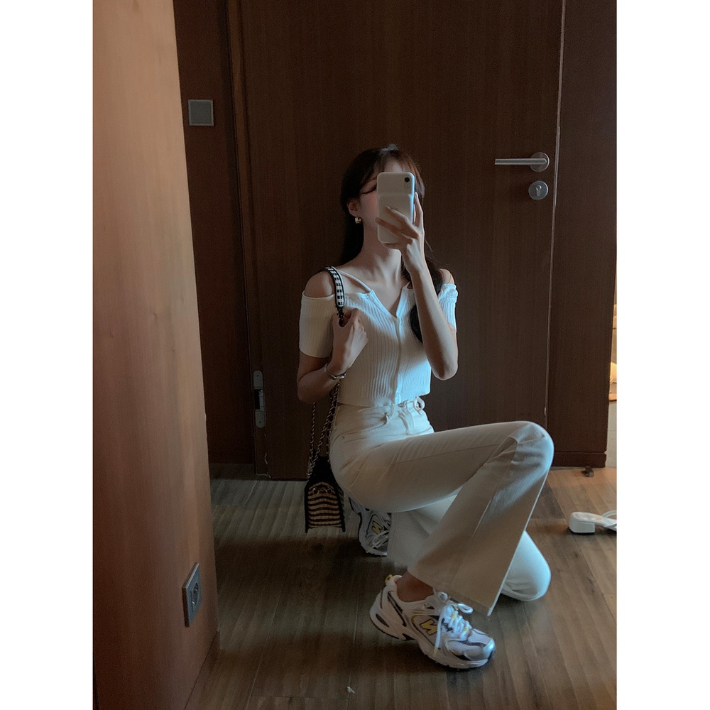 SUXI Áo Dệt Kim Tay Ngắn Trễ Vai Dáng Ôm Phong Cách Hàn Quốc Quyến Rũ Cho Nữ