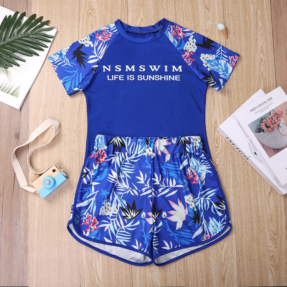 Bộ đồ bơi áo tay ngắn + quần sọt phối hoạ tiết đơn giản phong cách Hàn Quốc cho nữ | BigBuy360 - bigbuy360.vn