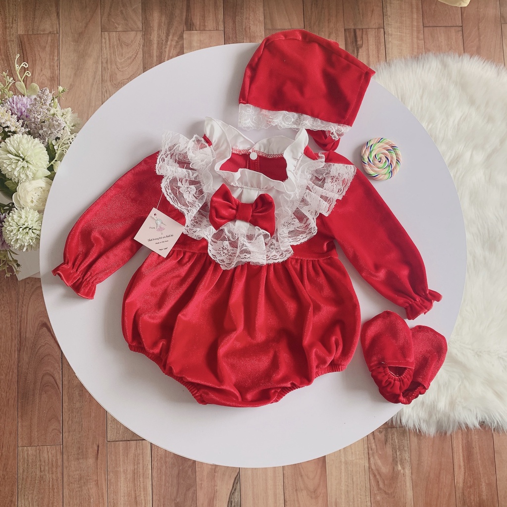 Bodysuit cho bé gái sơ sinh 1 2 tuổi  BABYSTORE88 - sét váy nhung đỏ dài tay thu đông thiết kế cao cấp V63