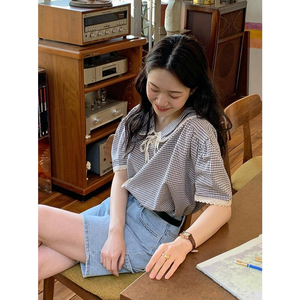 Áo Sơ Mi Kẻ Sọc Tay Ngắn Phối Ren 63995