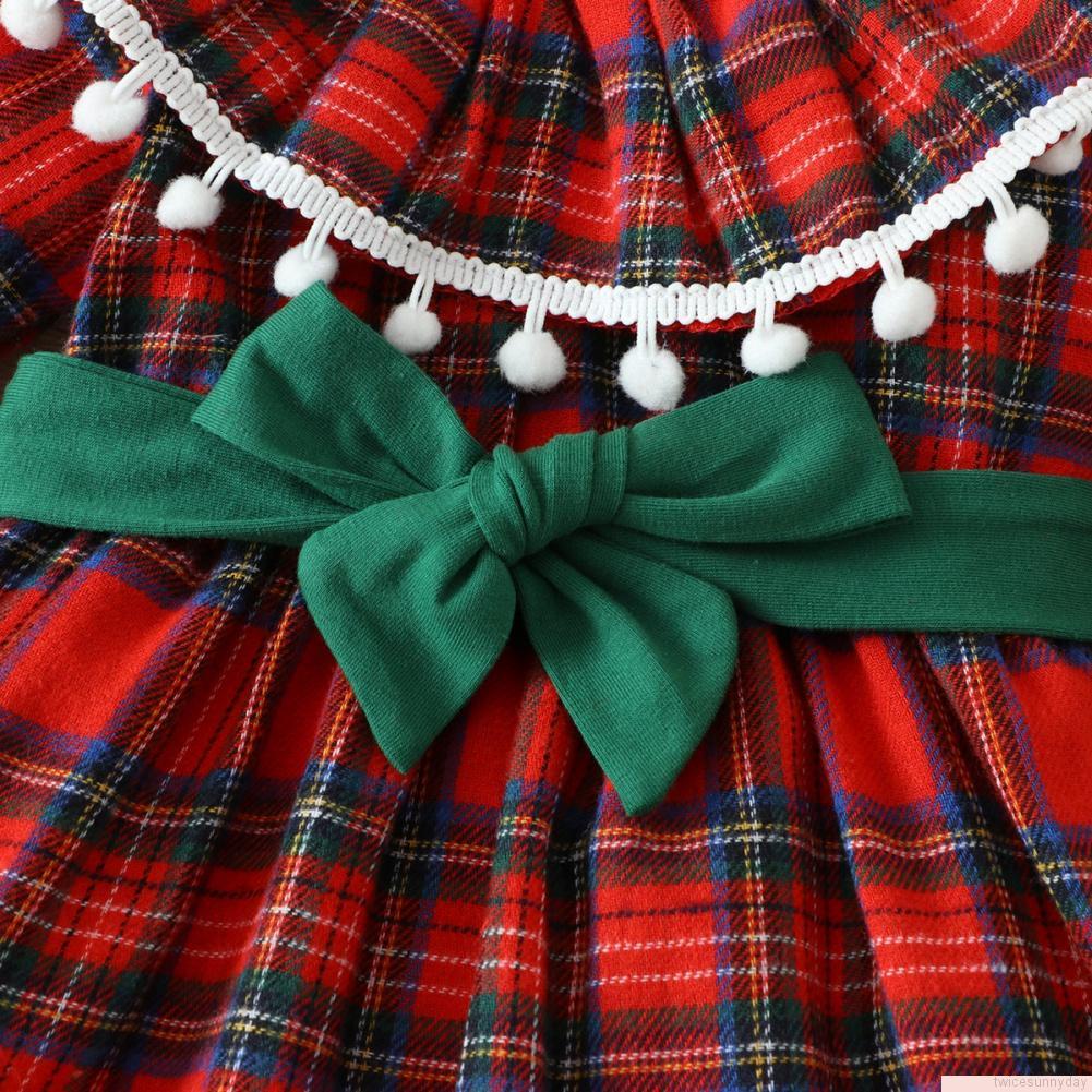 Đầm tay dài họa tiết sọc caro phong cách giáng sinh cho bé gái