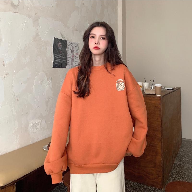 Áo Sweater Cổ Tròn Dáng Rộng Phối Nhung In Chữ Cá Tính Cho Nữ