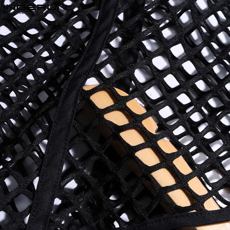 Áo liền quần INCERUN tay dài cổ bẻ may ghép lưới xuyên thấu dành cho nam giới