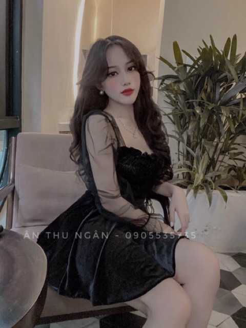 Đầm xoè nhung phối lưới xếp ly ngực phong cách tiểu thư sang chảnh