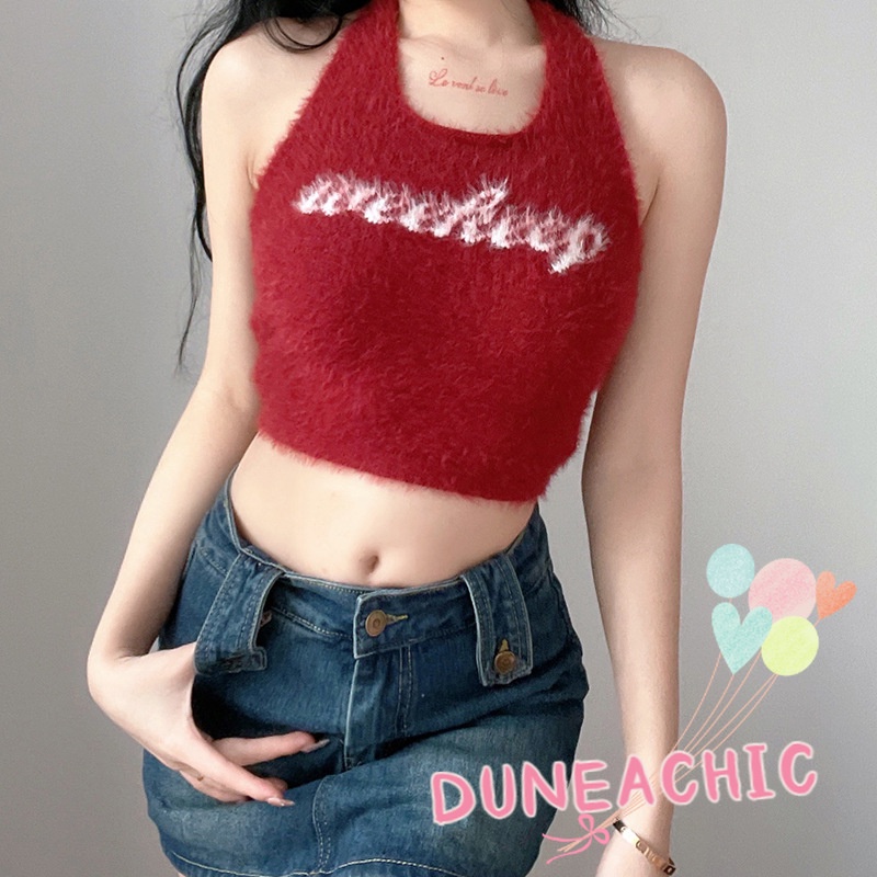 DUNEA Áo Tank Top Dệt Kim In Chữ Kiểu Vintage Cá Tính Cho Nữ