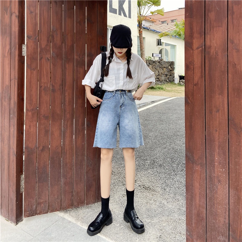 Quần short jean nữ ống rộng màu xanh nhạt rách 01 Pon.mens